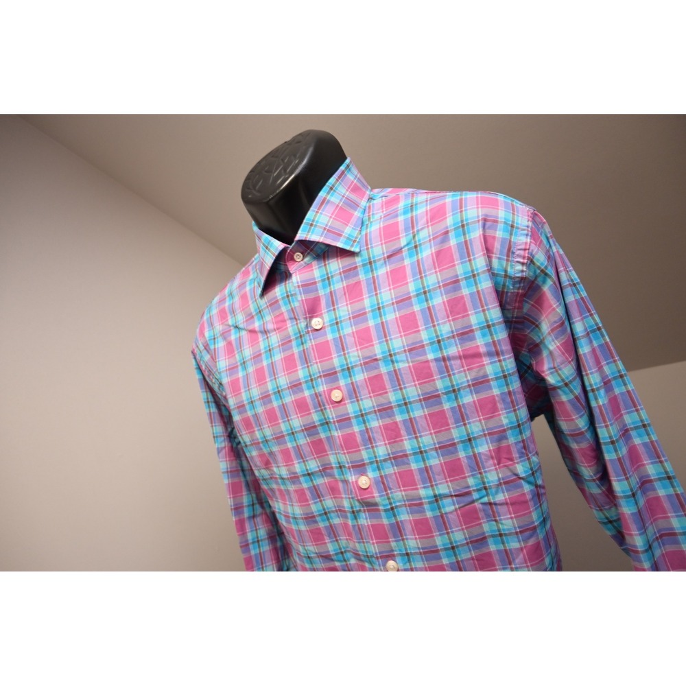Peter Millar Button Down Dress Shirt Mens Large Plaid‎ Excellent Summer Comfort